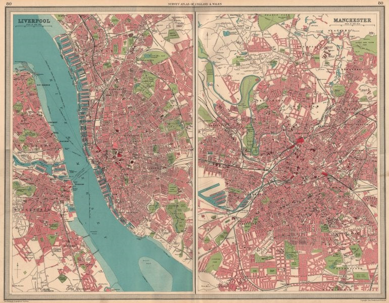 NW ENGLISH CITIES Plans of Liverpool & Manchester Birkenhead. LARGE 1939 map